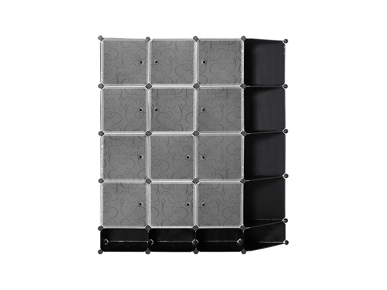 Armoire modulaire DIY avec 16 compartiments et 2 tringles, système de rangement pour vêtements, chaussures, plastique, noir (145x46x162 cm)