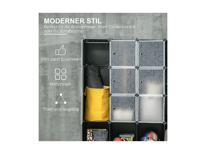 Armario modular DIY con 16 compartimentos y 2 barras, sistema de almacenaje para ropa y zapatos, plástico, negro (145x46x162 cm)