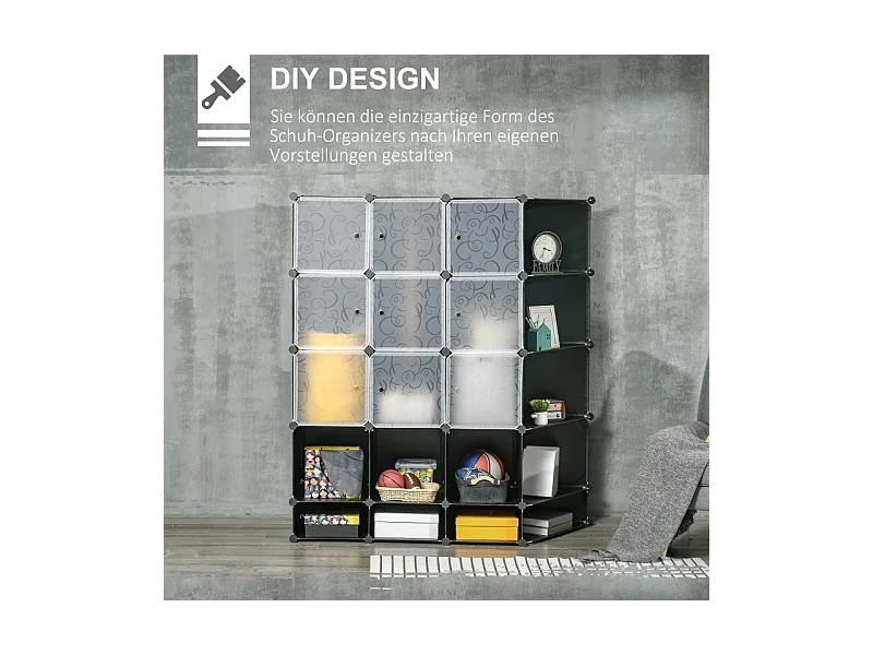 Armario modular DIY con 16 compartimentos y 2 barras, sistema de almacenaje para ropa y zapatos, plástico, negro (145x46x162 cm)