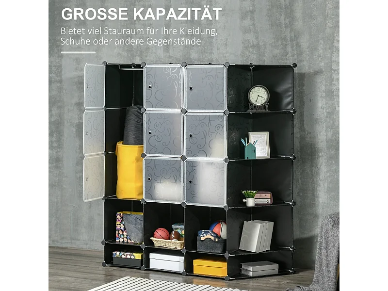 Armoire modulaire DIY avec 16 compartiments et 2 tringles, système de rangement pour vêtements, chaussures, plastique, noir (145x46x162 cm)