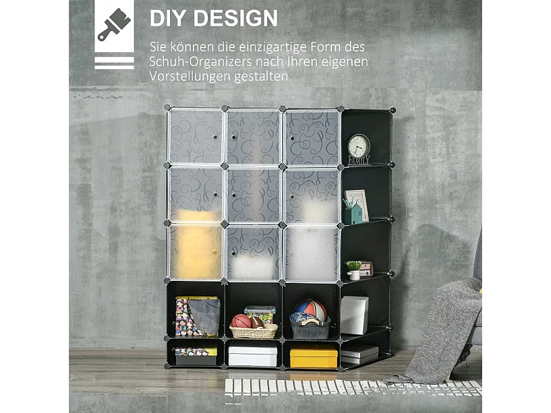 Armoire modulaire DIY avec 16 compartiments et 2 tringles, système de rangement pour vêtements, chaussures, plastique, noir (145x46x162 cm)