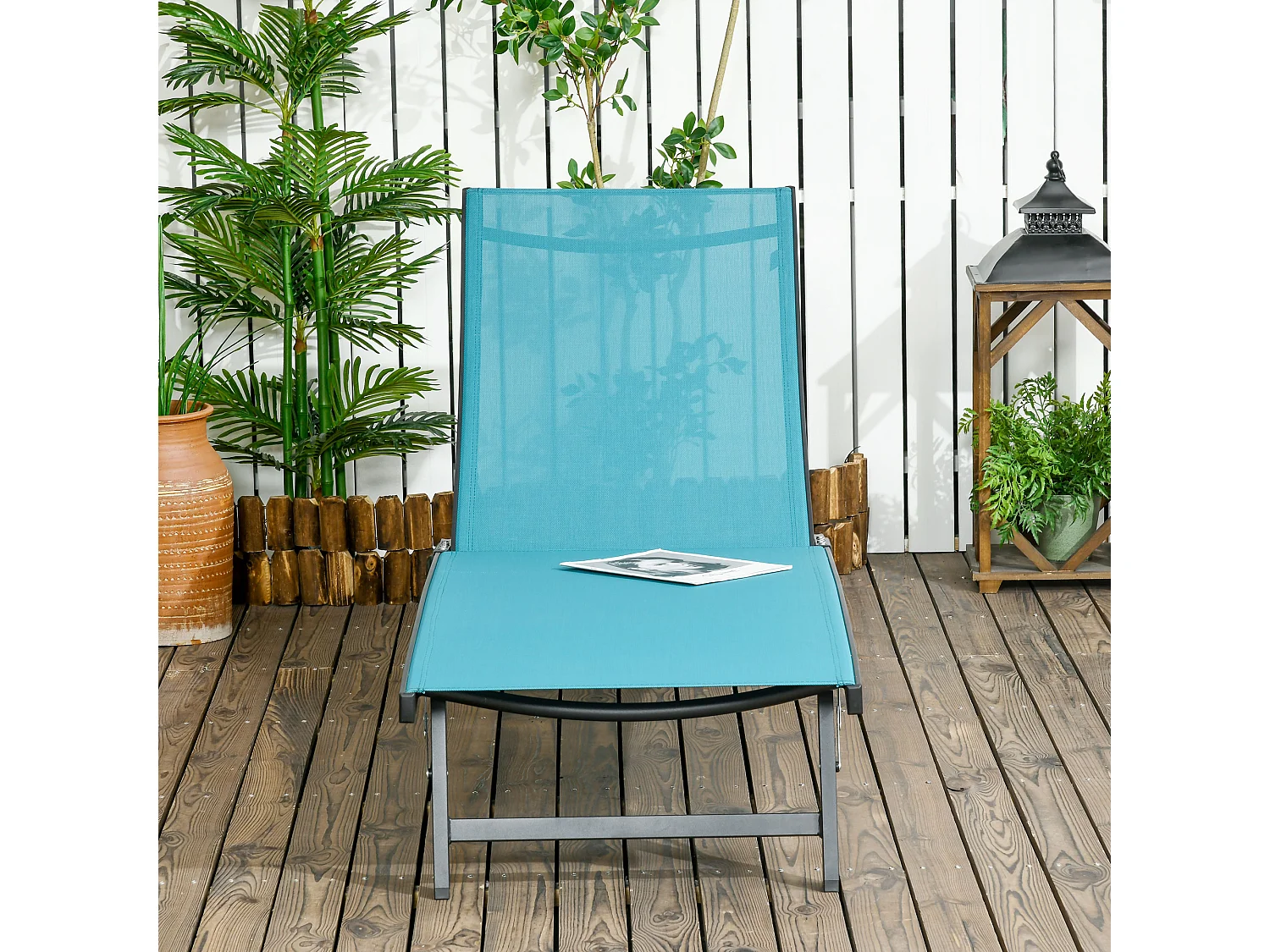 Transat avec roulettes, dossier réglable, lit de jardin en polyester et aluminium, bleu (195x165x102 cm)