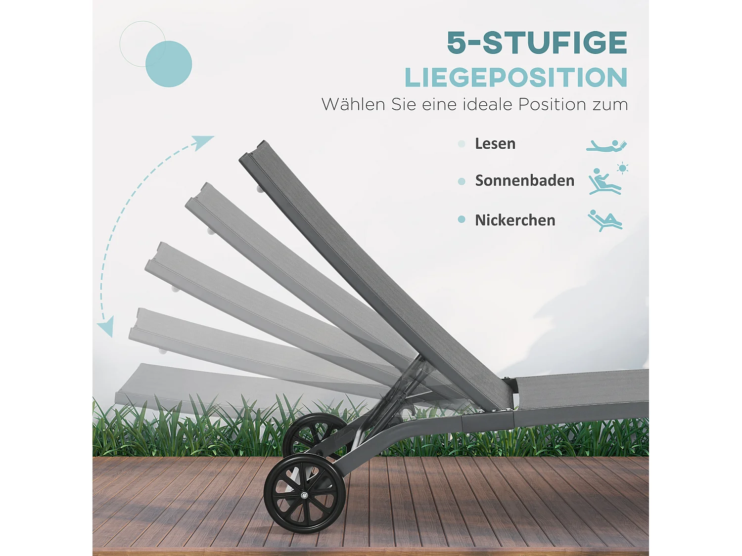 Transat avec roulettes, dossier réglable, lit de jardin en polyester et aluminium, bleu (195x165x102 cm)