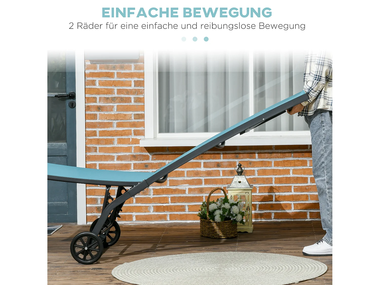 Transat avec roulettes, dossier réglable, lit de jardin en polyester et aluminium, bleu (195x165x102 cm)