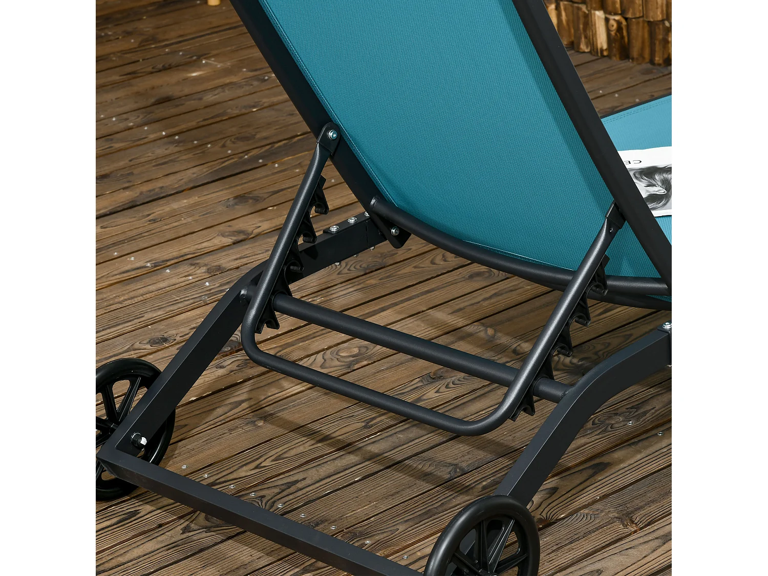 Transat avec roulettes, dossier réglable, lit de jardin en polyester et aluminium, bleu (195x165x102 cm)