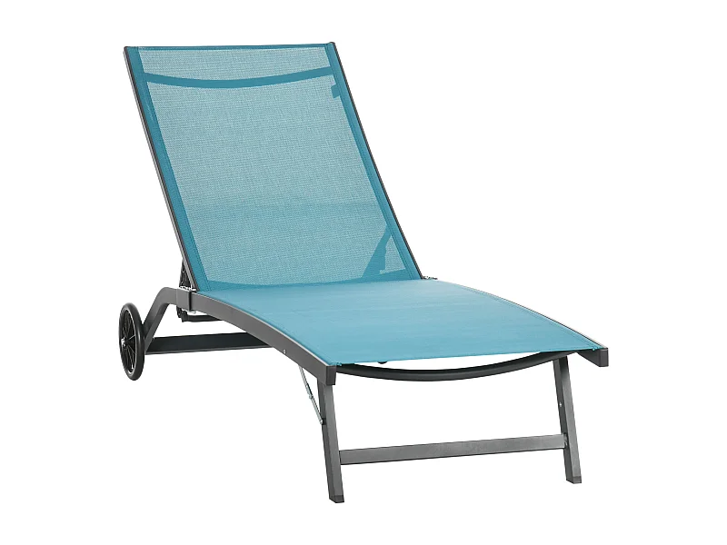 Transat avec roulettes, dossier réglable, lit de jardin en polyester et aluminium, bleu (195x165x102 cm)