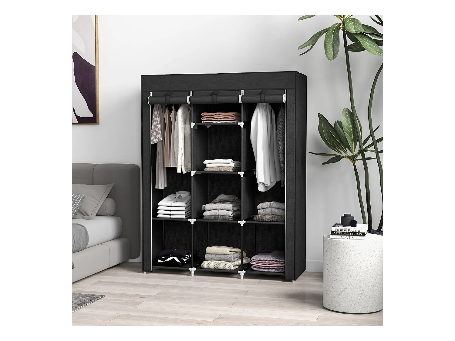 Penderie pliable en tissu avec tringle, 8 étagères et roulettes, 125 x 43.5 x 162.5 cm, gris clair