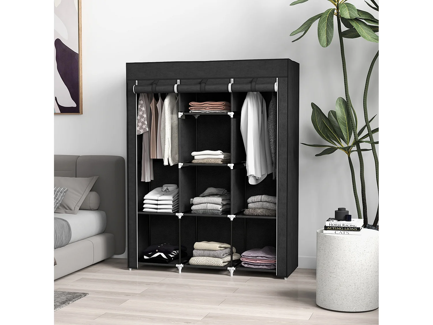 Penderie pliable en tissu avec tringle, 8 étagères et roulettes, 125 x 43.5 x 162.5 cm, gris clair