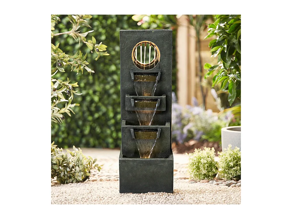 Fontaine en cascade moderne avec éclairage LED, polyrésine, vert foncé (36x27x100cm)