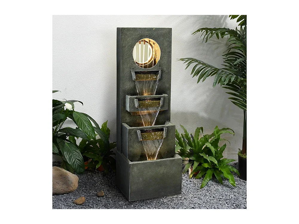 Fontaine en cascade moderne avec éclairage LED, polyrésine, vert foncé (36x27x100cm)