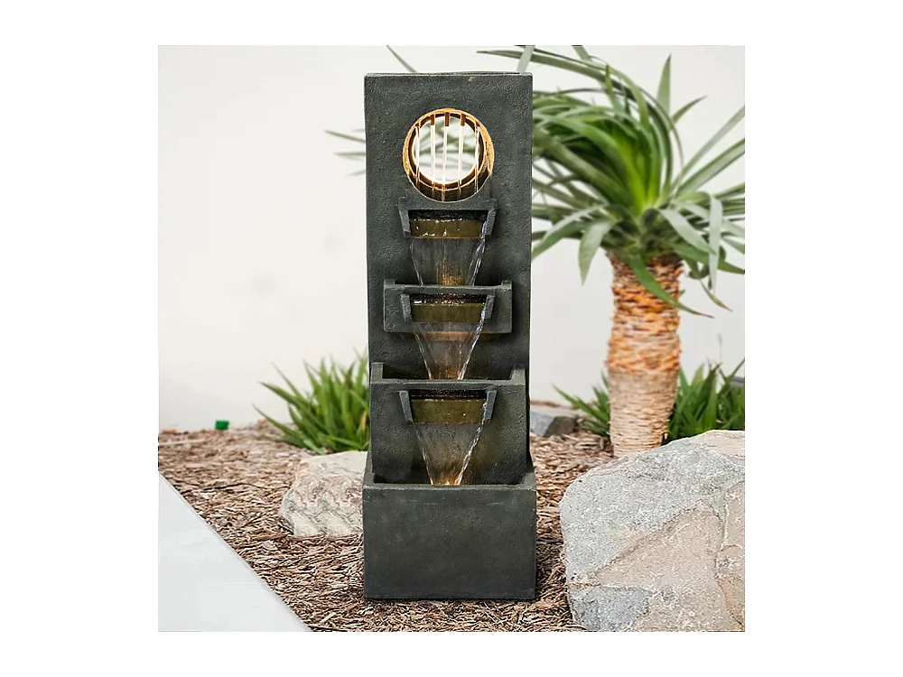 Fontaine en cascade moderne avec éclairage LED, polyrésine, vert foncé (36x27x100cm)