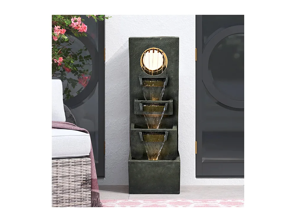 Fontaine en cascade moderne avec éclairage LED, polyrésine, vert foncé (36x27x100cm)