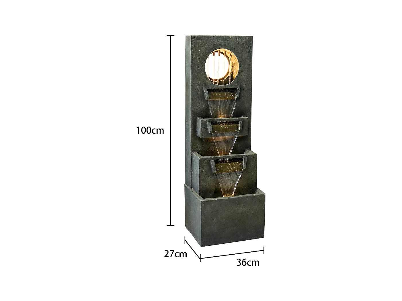 Fontaine en cascade moderne avec éclairage LED, polyrésine, vert foncé (36x27x100cm)