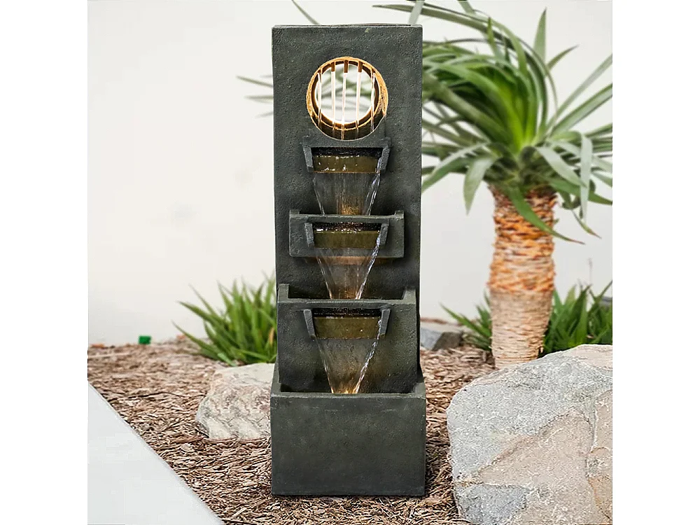 Fontaine en cascade moderne avec éclairage LED, polyrésine, vert foncé (36x27x100cm)