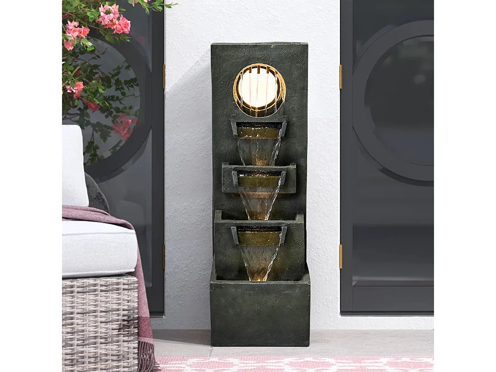 Fontaine en cascade moderne avec éclairage LED, polyrésine, vert foncé (36x27x100cm)