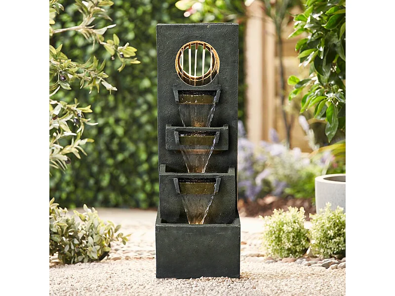 Fuente moderna en cascada con iluminación LED, poliresina, verde oscuro (36x27x100cm)