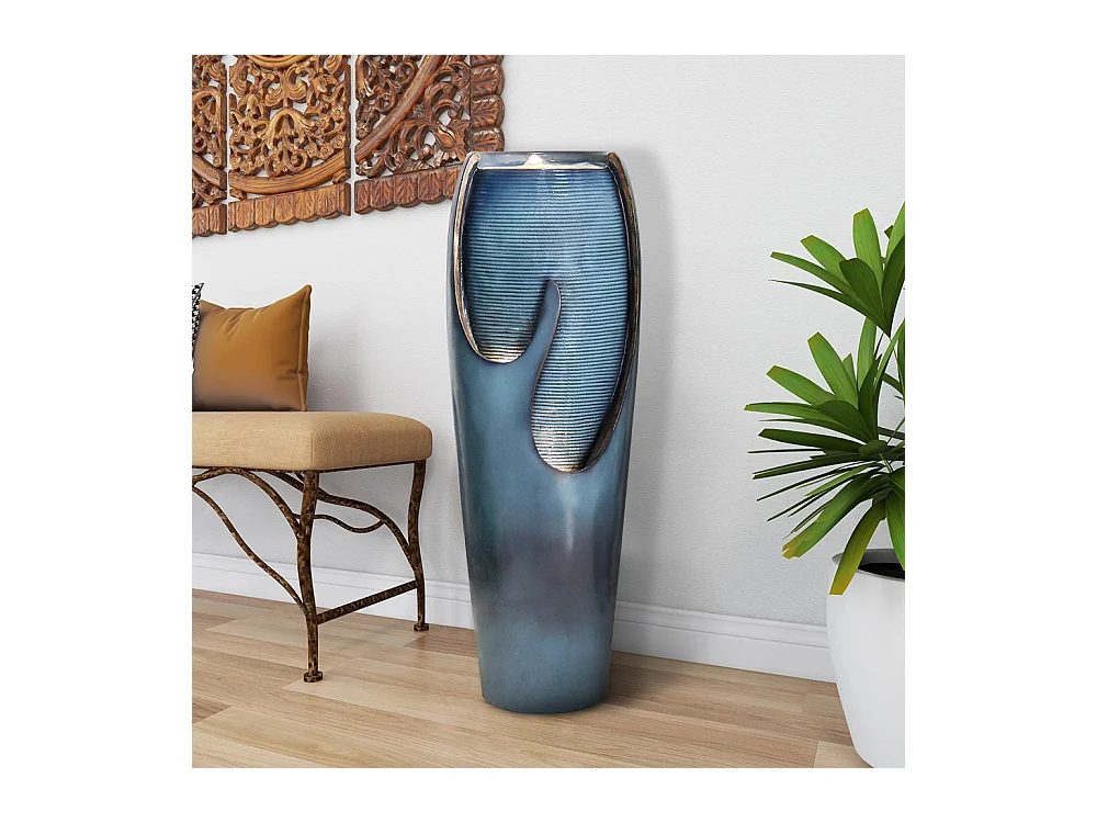 Fontaine d'eau murale en verre et polyrésine, design élégant, turquoise, pour intérieur et extérieur (29x34.5x98cm)