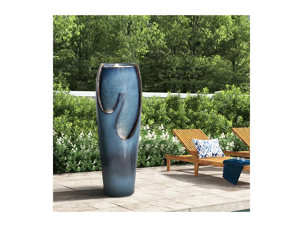 Fontaine d'eau murale en verre et polyrésine, design élégant, turquoise, pour intérieur et extérieur (29x34.5x98cm)