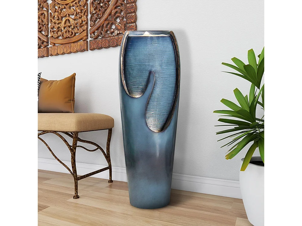 Fontaine d'eau murale en verre et polyrésine, design élégant, turquoise, pour intérieur et extérieur (29x34.5x98cm)