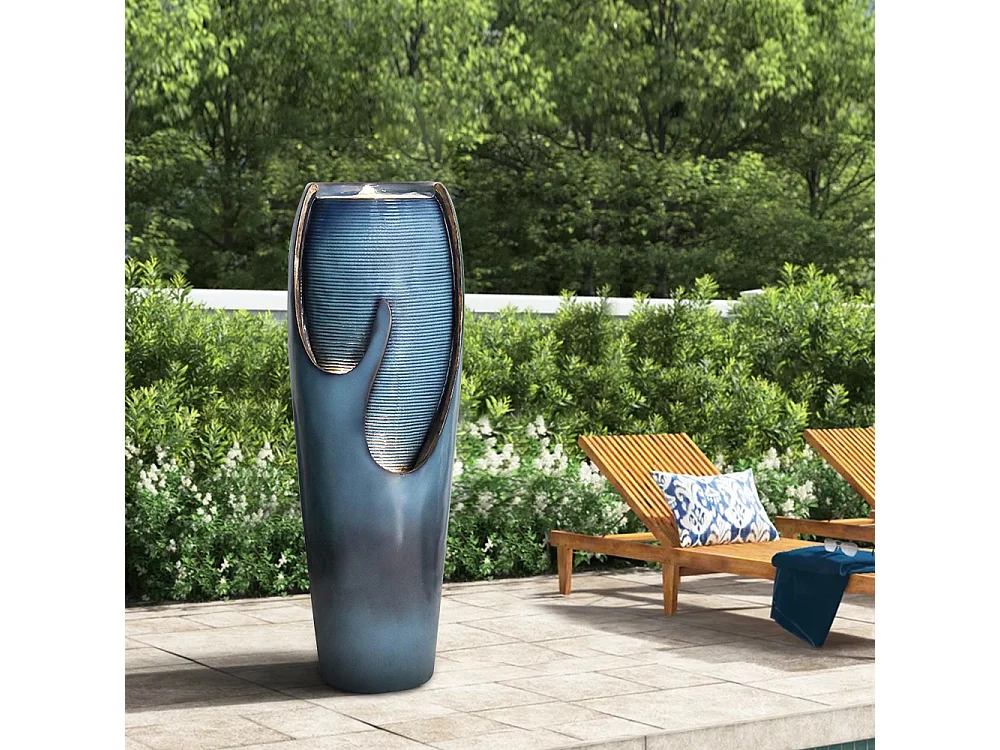 Fontaine d'eau murale en verre et polyrésine, design élégant, turquoise, pour intérieur et extérieur (29x34.5x98cm)