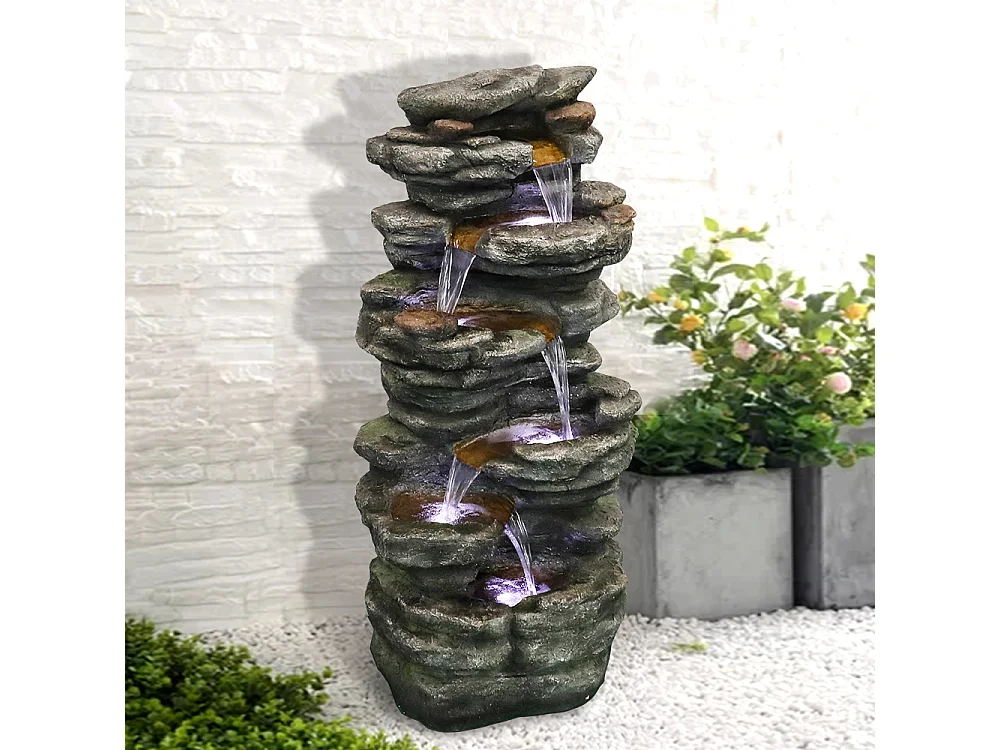 Fontana da giardino in poliresina, design rustico, grigia, con illuminazione a LED ed effetto cascata (46x31x101 cm)