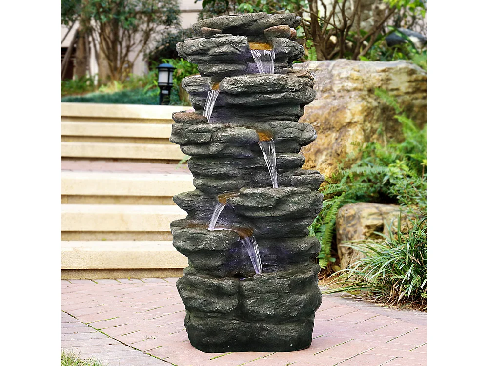 Fontana da giardino in poliresina, design rustico, grigia, con illuminazione a LED ed effetto cascata (46x31x101 cm)