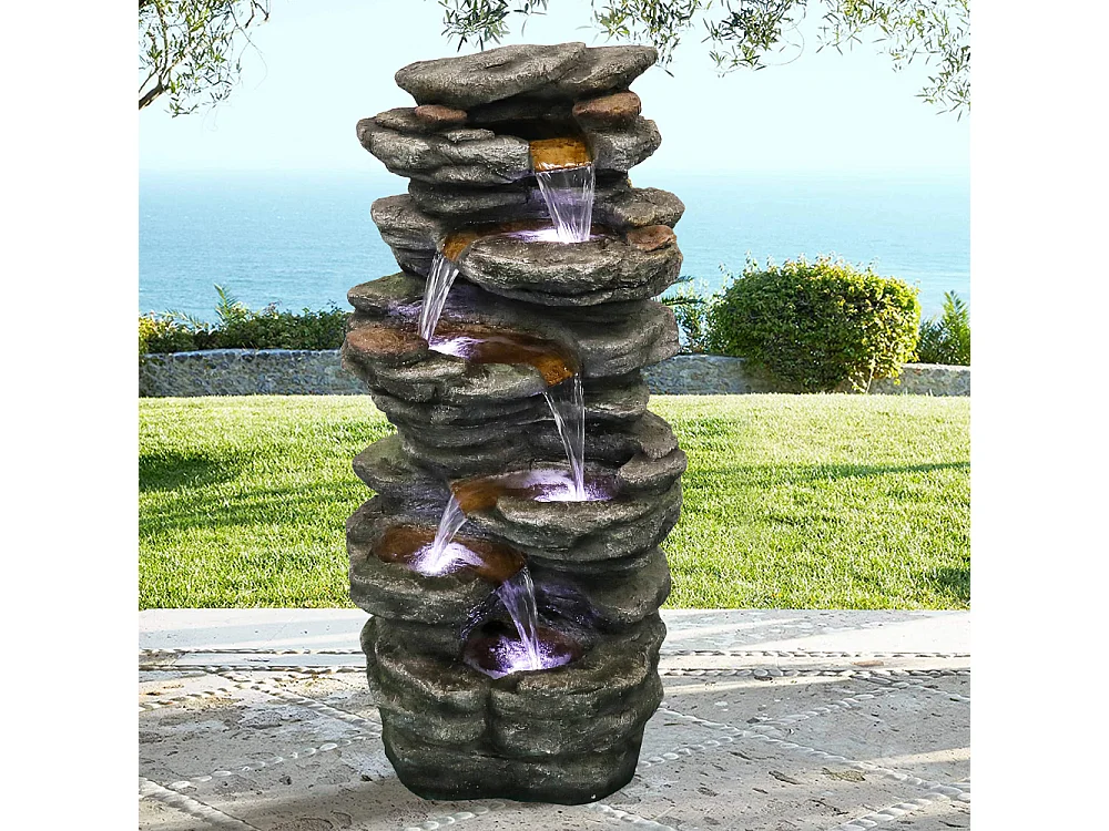 Fontana da giardino in poliresina, design rustico, grigia, con illuminazione a LED ed effetto cascata (46x31x101 cm)