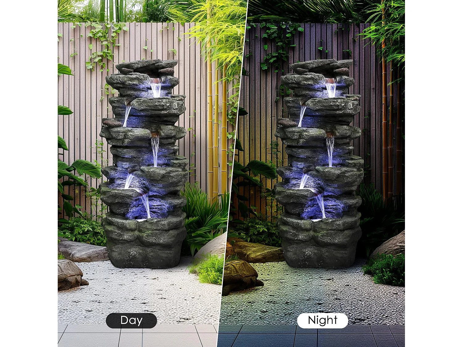 Fontana da giardino in poliresina, design rustico, grigia, con illuminazione a LED ed effetto cascata (46x31x101 cm)