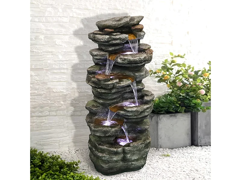 Fontana da giardino in poliresina, design rustico, grigia, con illuminazione a LED ed effetto cascata (46x31x101 cm)