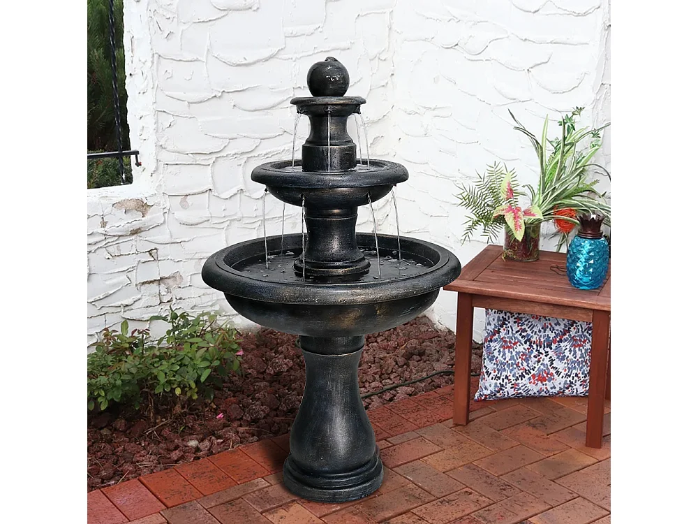 Fuente moderna de hormigón para exterior con bomba sumergible, color negro (69x69x115 cm)