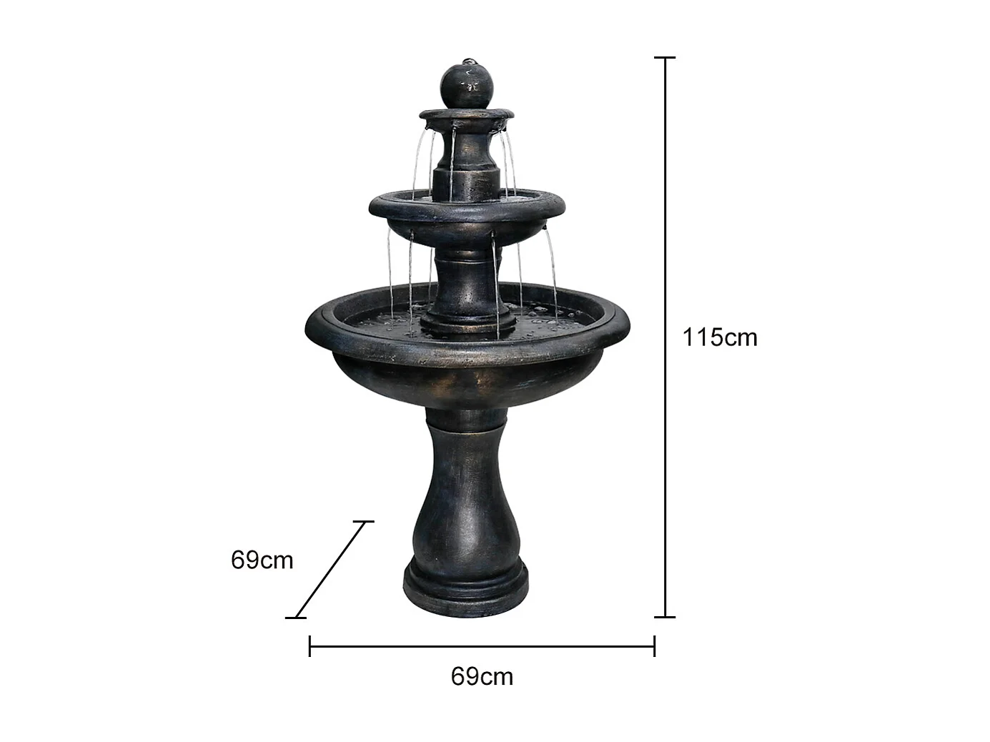 Fuente moderna de hormigón para exterior con bomba sumergible, color negro (69x69x115 cm)
