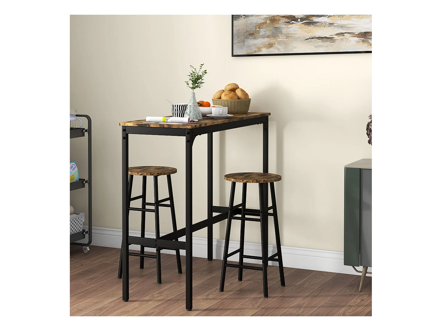 Set de table de bar avec 2 tabourets, design industriel, MDF, rustique brun (105x40x90 cm)