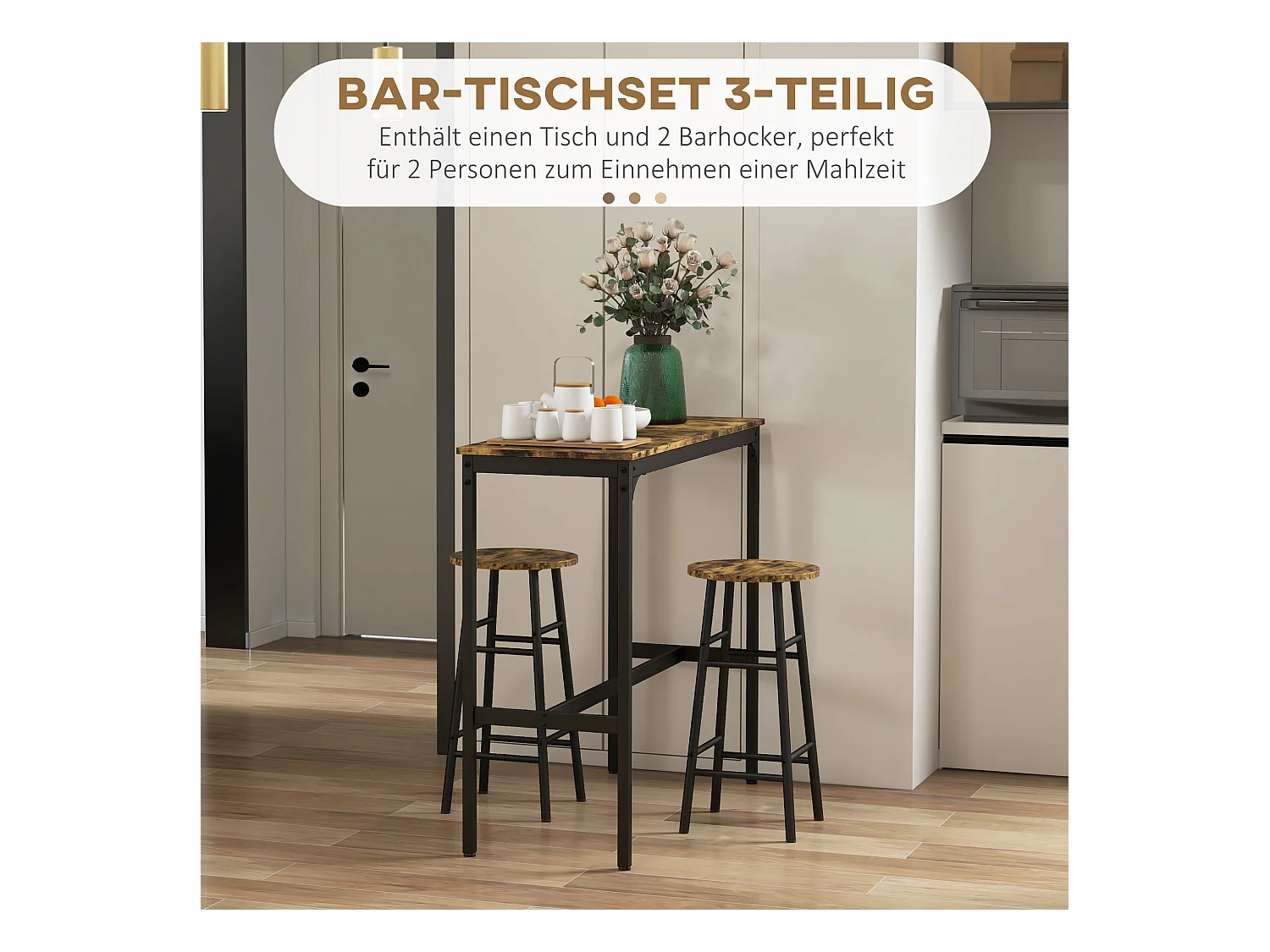 Set de table de bar avec 2 tabourets, design industriel, MDF, rustique brun (105x40x90 cm)