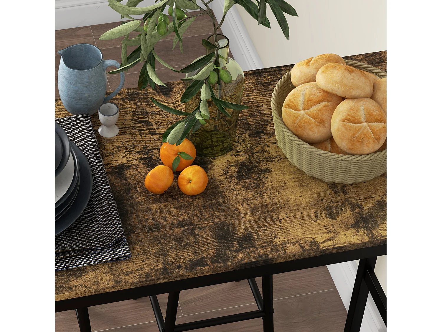 Set de table de bar avec 2 tabourets, design industriel, MDF, rustique brun (105x40x90 cm)