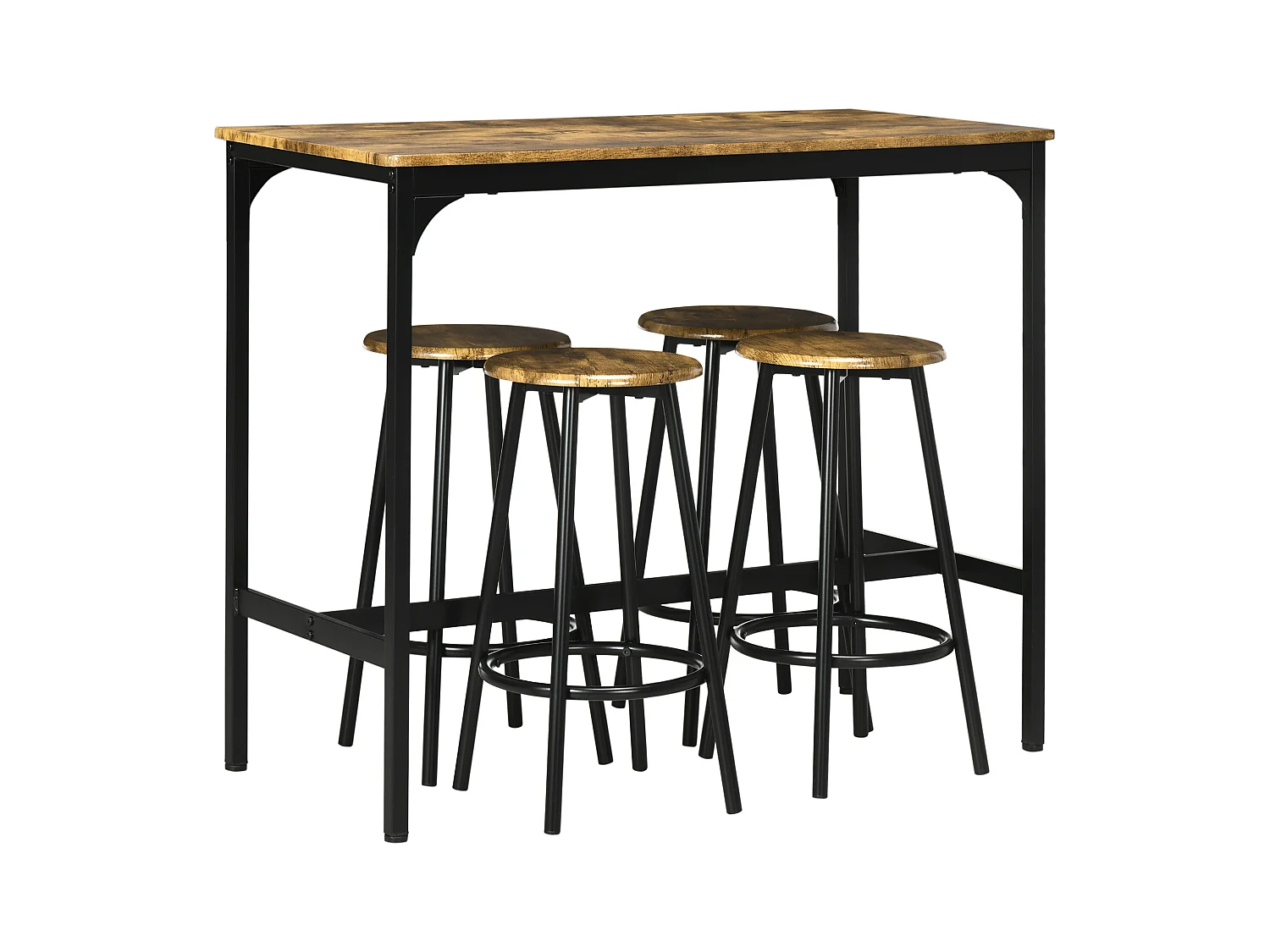 Table de bar 5 pièces avec 4 tabourets, design industriel, MDF et métal, brun (110x50x89.5 cm)