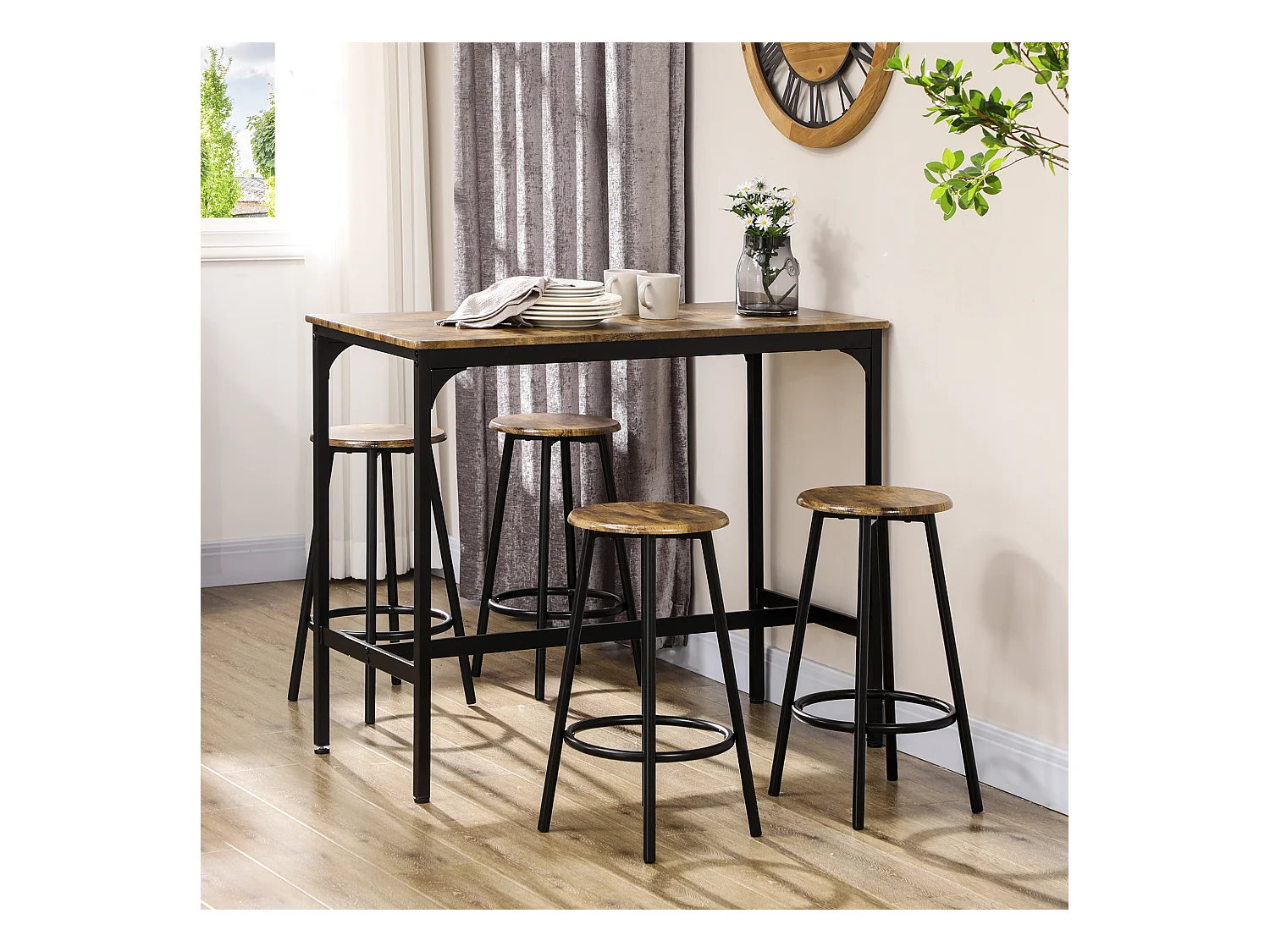 Table de bar 5 pièces avec 4 tabourets, design industriel, MDF et métal, brun (110x50x89.5 cm)