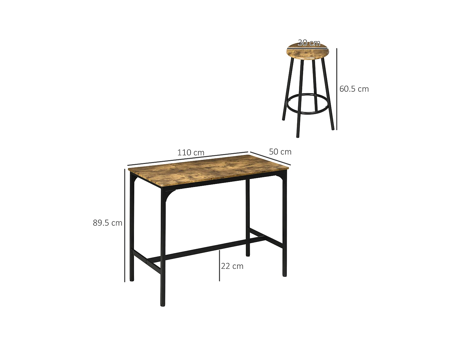 Table de bar 5 pièces avec 4 tabourets, design industriel, MDF et métal, brun (110x50x89.5 cm)
