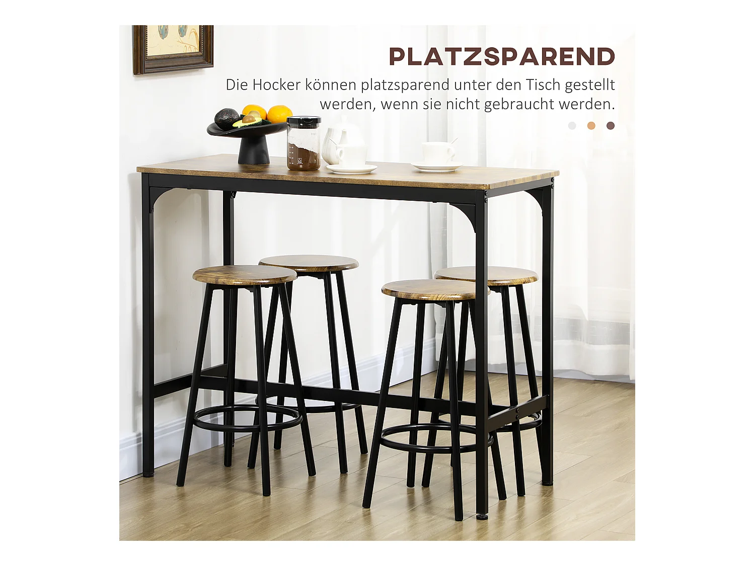 Table de bar 5 pièces avec 4 tabourets, design industriel, MDF et métal, brun (110x50x89.5 cm)