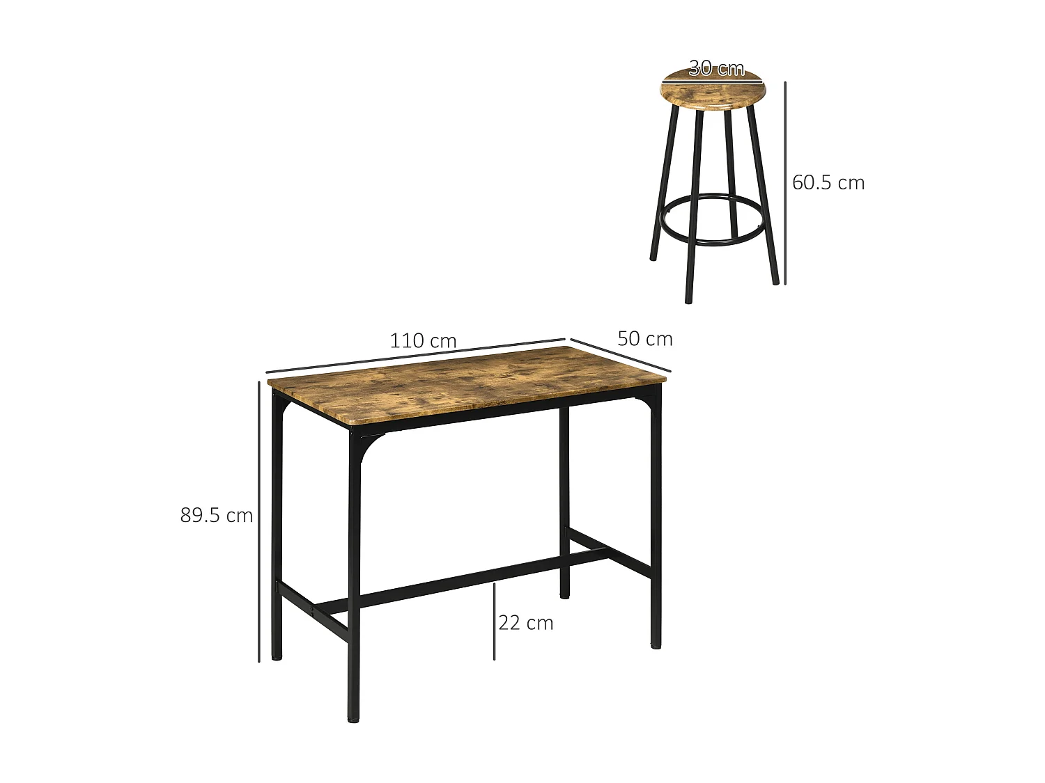 Table de bar 5 pièces avec 4 tabourets, design industriel, MDF et métal, brun (110x50x89.5 cm)