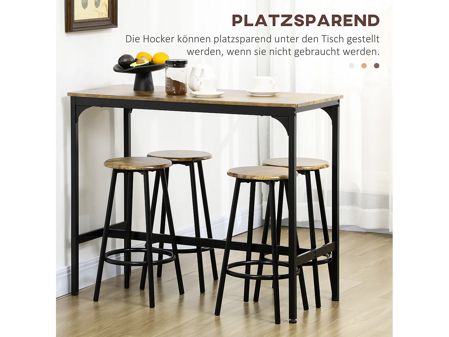 Table de bar 5 pièces avec 4 tabourets, design industriel, MDF et métal, brun (110x50x89.5 cm)