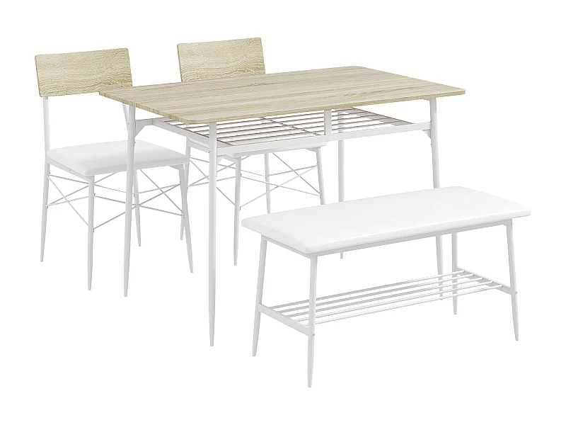 Set da pranzo con tavolo, 2 sedie e panca, spazio contenitore, legno d'acero (110x70x75 cm)