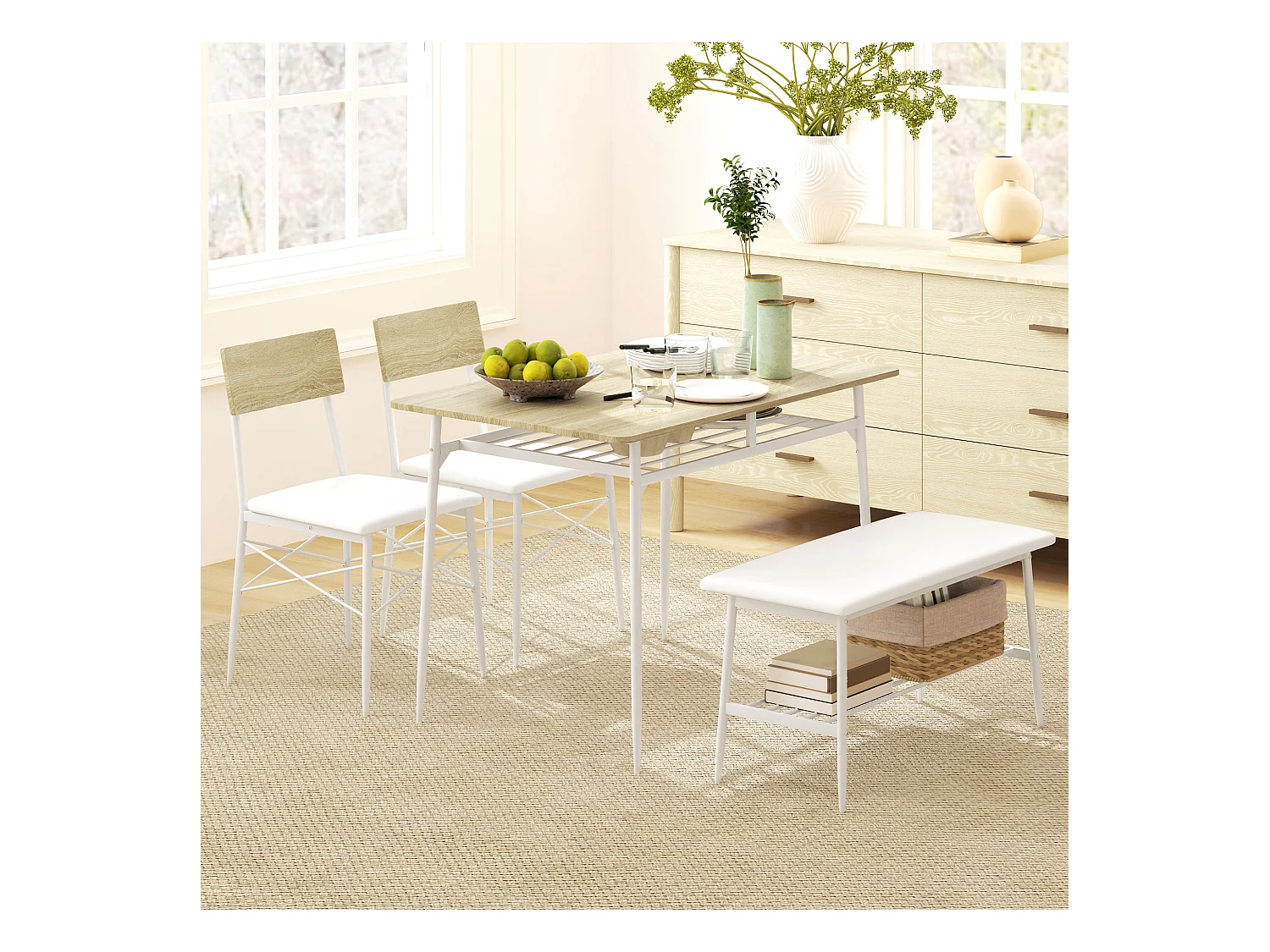 Ensemble de salle à manger avec table, 2 chaises et banc, espace de rangement, bois d'érable (110x70x75 cm)