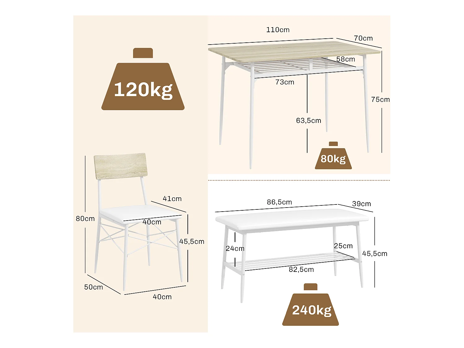 Ensemble de salle à manger avec table, 2 chaises et banc, espace de rangement, bois d'érable (110x70x75 cm)