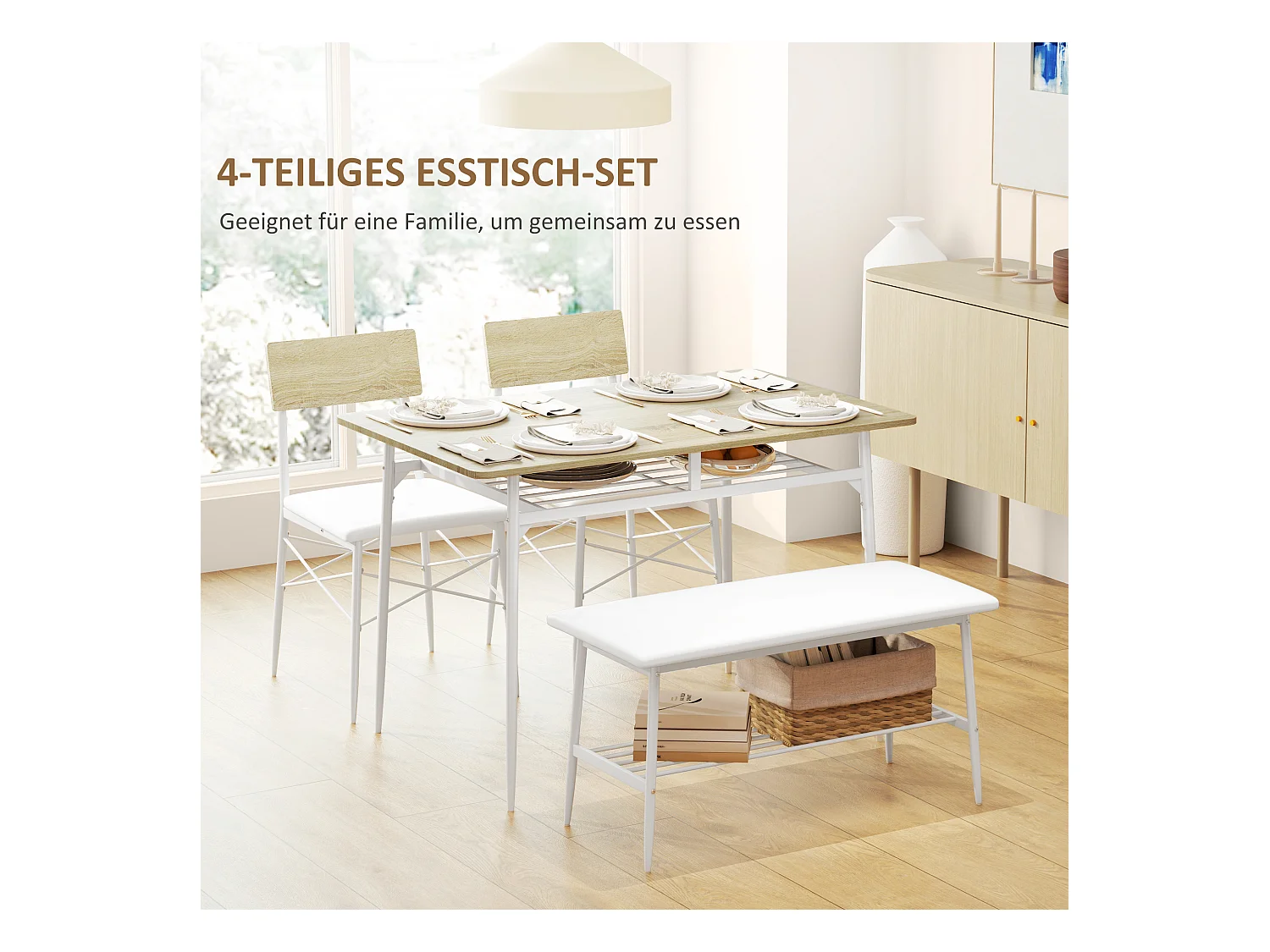 Ensemble de salle à manger avec table, 2 chaises et banc, espace de rangement, bois d'érable (110x70x75 cm)