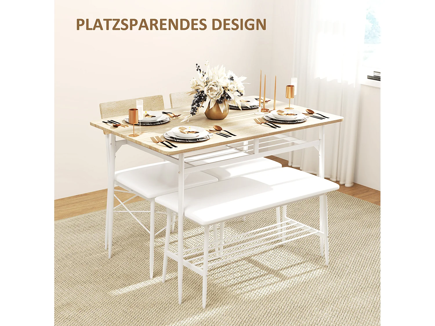 Ensemble de salle à manger avec table, 2 chaises et banc, espace de rangement, bois d'érable (110x70x75 cm)