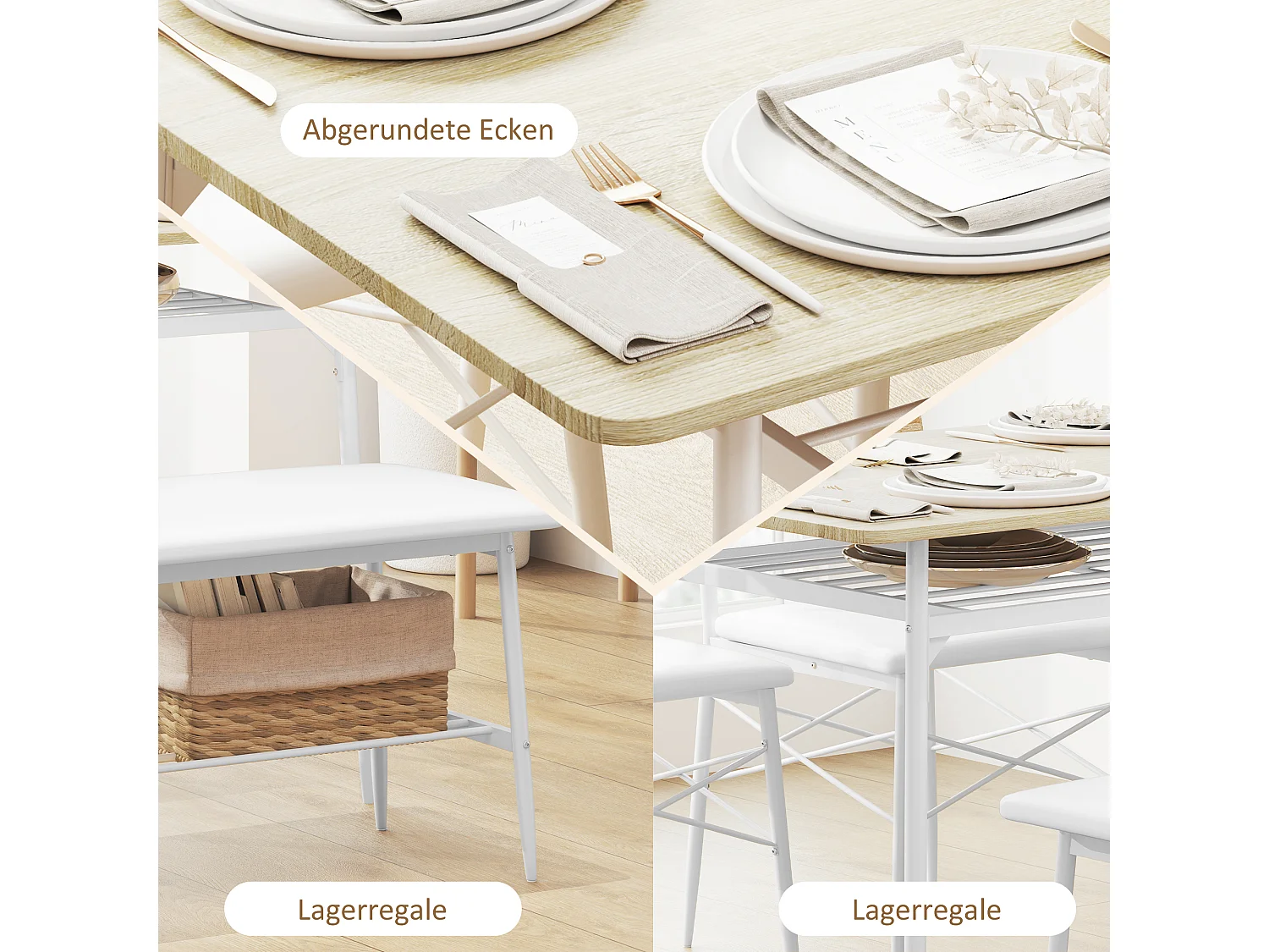 Ensemble de salle à manger avec table, 2 chaises et banc, espace de rangement, bois d'érable (110x70x75 cm)