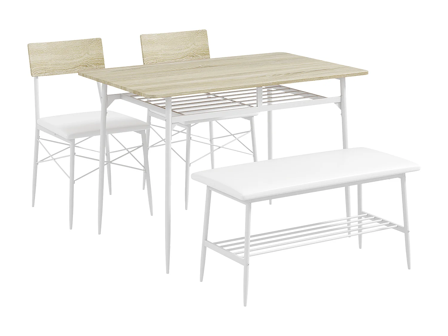Set da pranzo con tavolo, 2 sedie e panca, spazio contenitore, legno d'acero (110x70x75 cm)