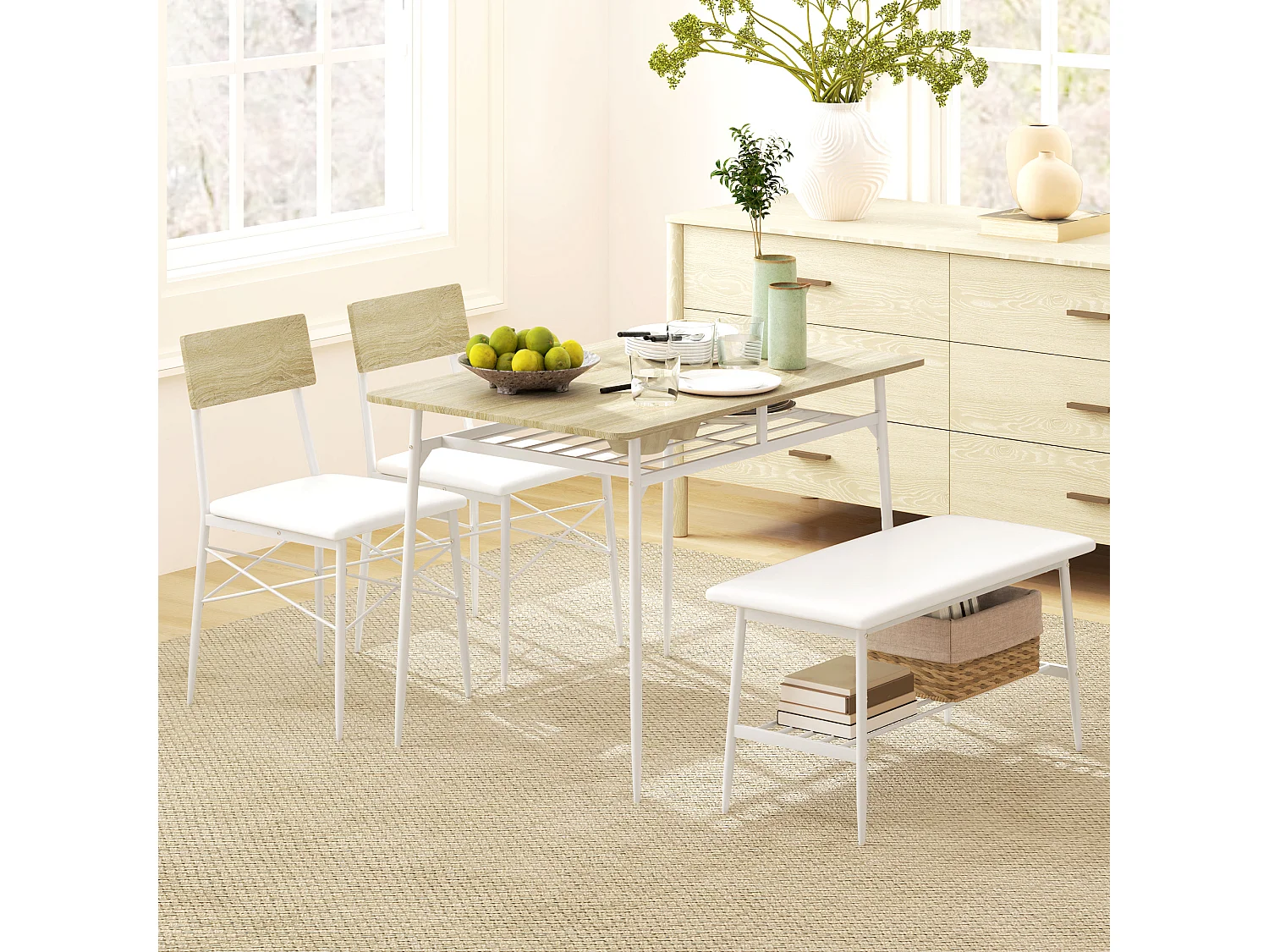 Set da pranzo con tavolo, 2 sedie e panca, spazio contenitore, legno d'acero (110x70x75 cm)