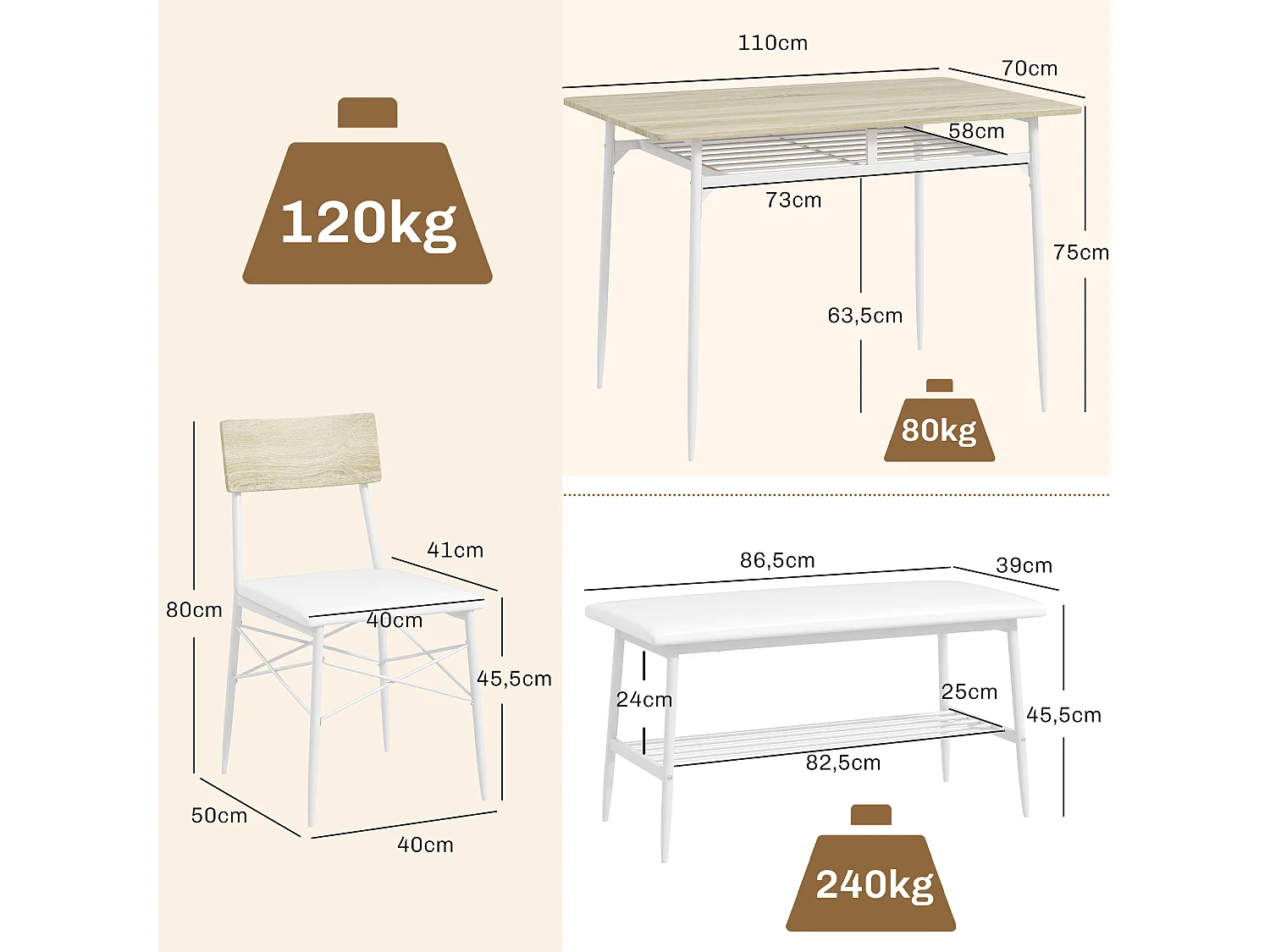 Set da pranzo con tavolo, 2 sedie e panca, spazio contenitore, legno d'acero (110x70x75 cm)