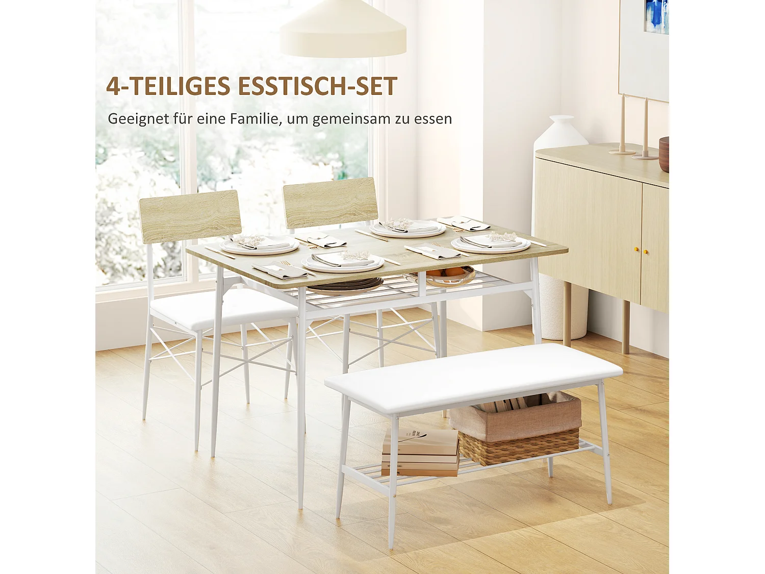 Set da pranzo con tavolo, 2 sedie e panca, spazio contenitore, legno d'acero (110x70x75 cm)